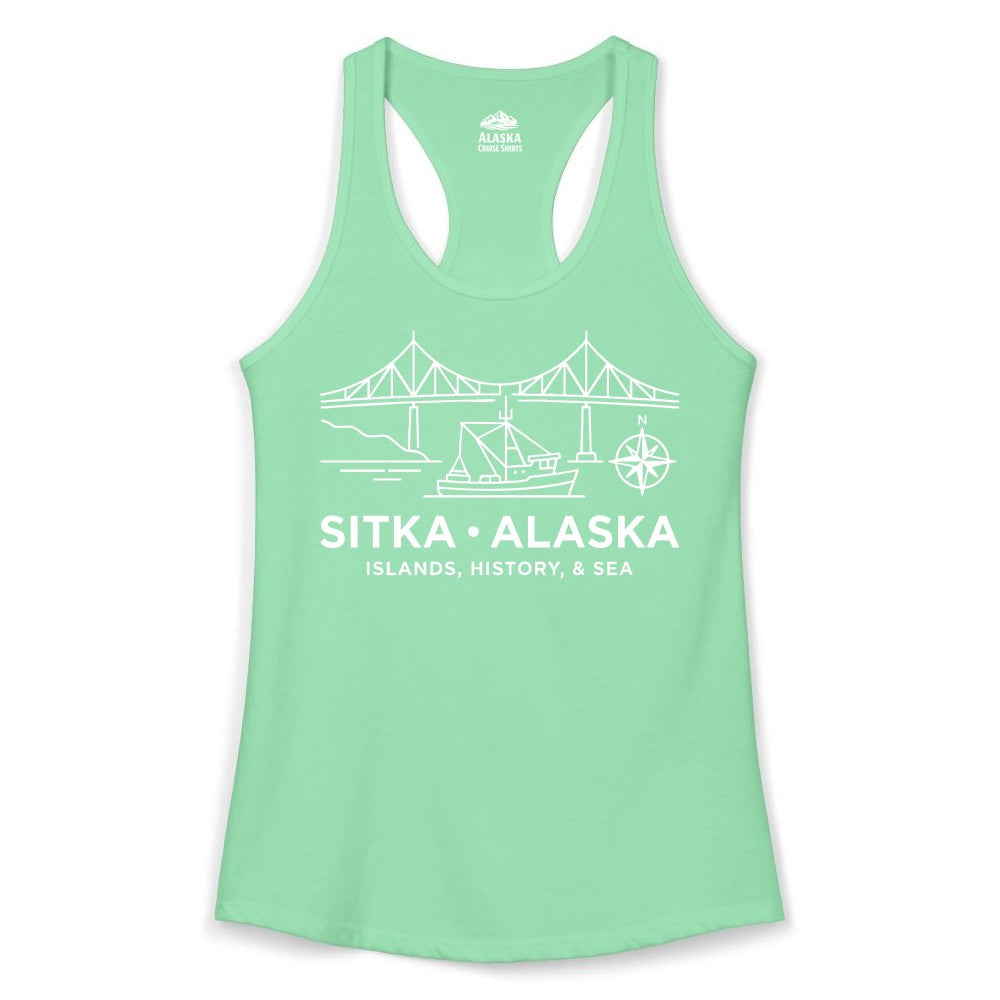 Sitka Alaska Shirt - Nautical Bridge, Boat, Compass Souvenir Tee (Ladies Tank) in Solid Mint - Sitka Alaska Nautical Line Art Shirt - Bridge Boat Compass Design