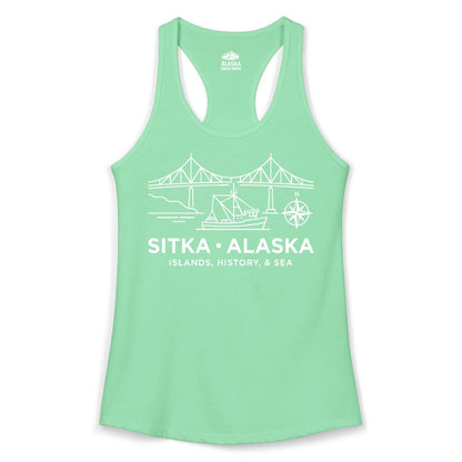 Sitka Alaska Shirt - Nautical Bridge, Boat, Compass Souvenir Tee (Ladies Tank) in Solid Mint - Sitka Alaska Nautical Line Art Shirt - Bridge Boat Compass Design