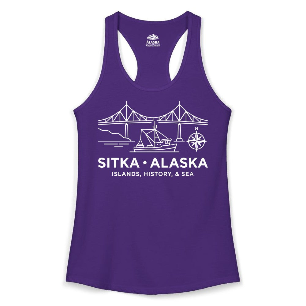 Sitka Alaska Shirt - Nautical Bridge, Boat, Compass Souvenir Tee (Ladies Tank) in Solid Purple Rush - Sitka Alaska Nautical Line Art Shirt - Bridge Boat Compass Design