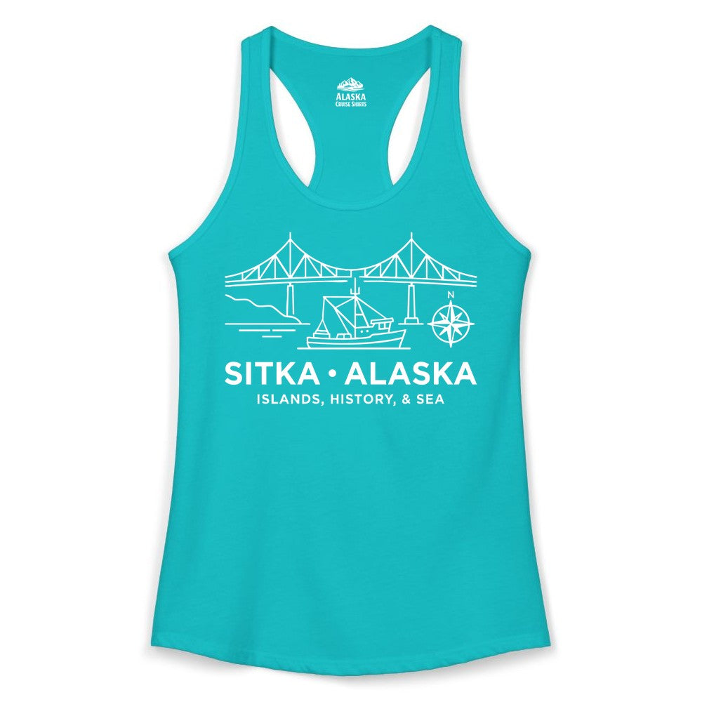 Sitka Alaska Shirt - Nautical Bridge, Boat, Compass Souvenir Tee (Ladies Tank) in Tahiti Blue - Sitka Alaska Nautical Line Art Shirt - Bridge Boat Compass Design