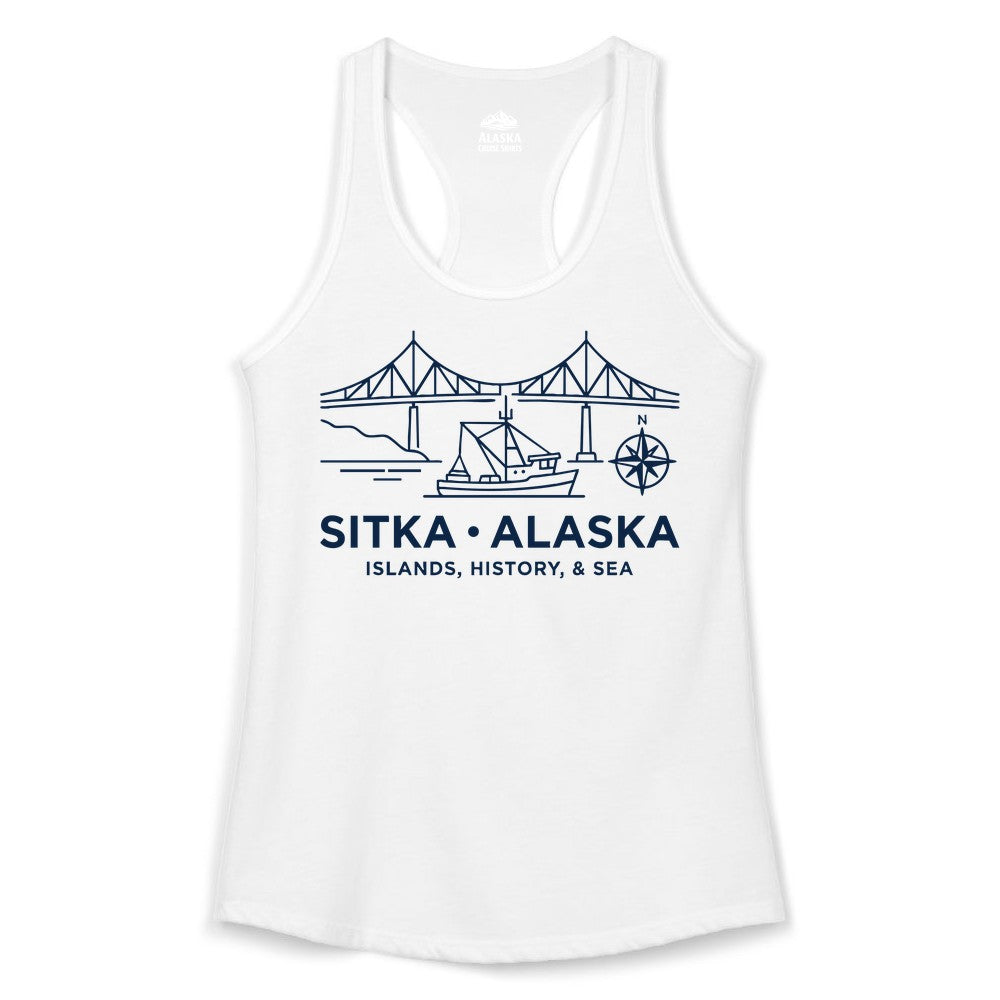 Sitka Alaska Shirt - Nautical Bridge, Boat, Compass Souvenir Tee (Ladies Tank) in White - Sitka Alaska Nautical Line Art Shirt - Bridge Boat Compass Design