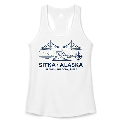 Sitka Alaska Shirt - Nautical Bridge, Boat, Compass Souvenir Tee (Ladies Tank) in White - Sitka Alaska Nautical Line Art Shirt - Bridge Boat Compass Design
