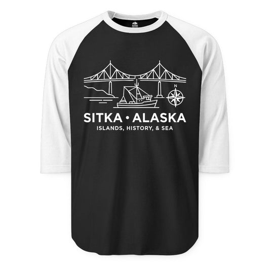 Sitka Alaska Shirt - Nautical Bridge, Boat, Compass Souvenir Tee (Raglan) in BlackWhite - Sitka Alaska Nautical Line Art Shirt - Bridge Boat Compass Design