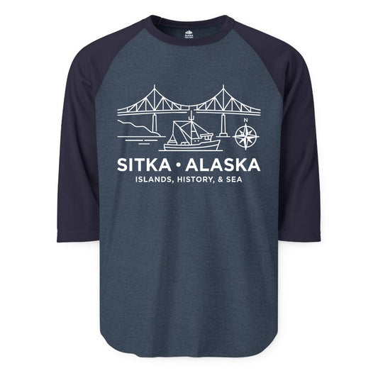 Sitka Alaska Shirt - Nautical Bridge, Boat, Compass Souvenir Tee (Raglan) in Heather DenimNavy - Sitka Alaska Nautical Line Art Shirt - Bridge Boat Compass Design