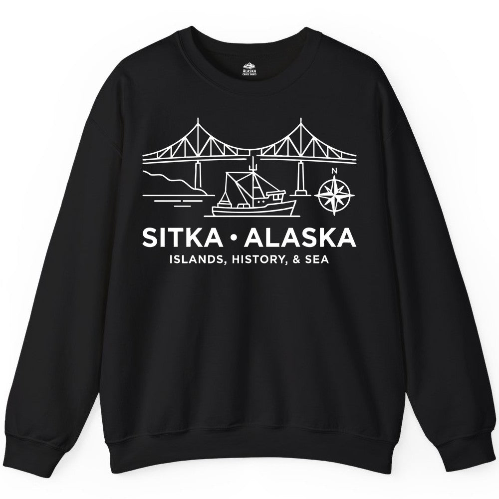 Sitka Alaska Shirt - Nautical Bridge, Boat, Compass Souvenir Tee (Sweatshirt) in Black - Sitka Alaska Nautical Line Art Shirt - Bridge Boat Compass Design
