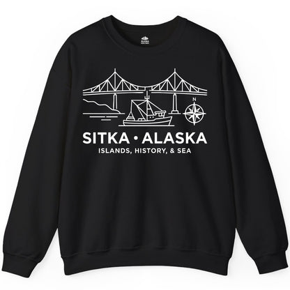Sitka Alaska Shirt - Nautical Bridge, Boat, Compass Souvenir Tee (Sweatshirt) in Black - Sitka Alaska Nautical Line Art Shirt - Bridge Boat Compass Design