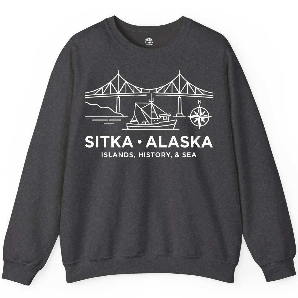 Sitka Alaska Shirt - Nautical Bridge, Boat, Compass Souvenir Tee (Sweatshirt) in Dark Heather - Sitka Alaska Nautical Line Art Shirt - Bridge Boat Compass Design