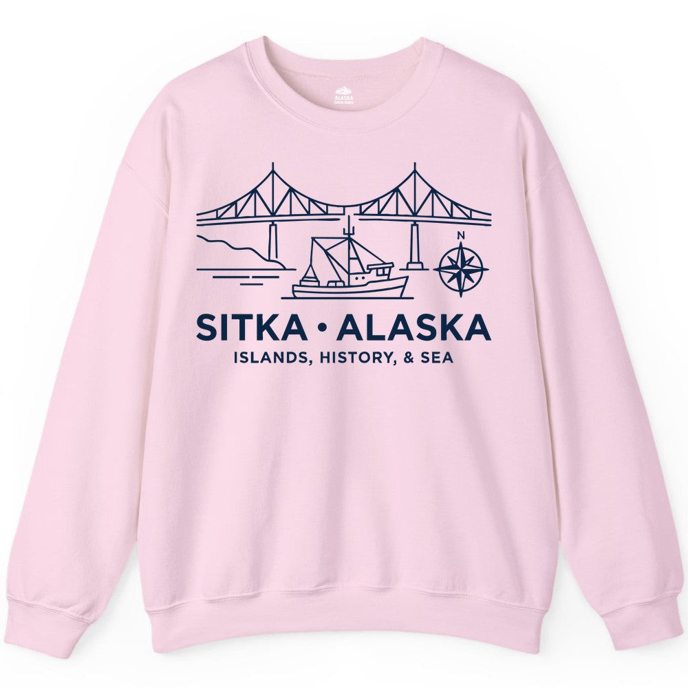 Sitka Alaska Shirt - Nautical Bridge, Boat, Compass Souvenir Tee (Sweatshirt) in Light Pink - Sitka Alaska Nautical Line Art Shirt - Bridge Boat Compass Design