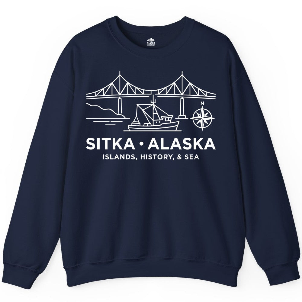 Sitka Alaska Shirt - Nautical Bridge, Boat, Compass Souvenir Tee (Sweatshirt) in Navy - Sitka Alaska Nautical Line Art Shirt - Bridge Boat Compass Design