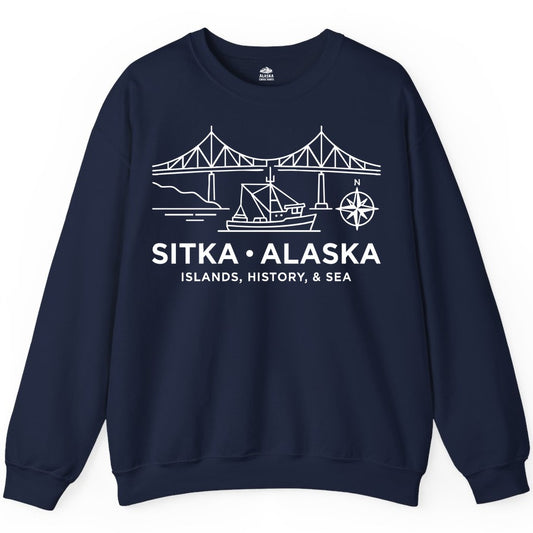 Sitka Alaska Shirt - Nautical Bridge, Boat, Compass Souvenir Tee (Sweatshirt) in Navy - Sitka Alaska Nautical Line Art Shirt - Bridge Boat Compass Design