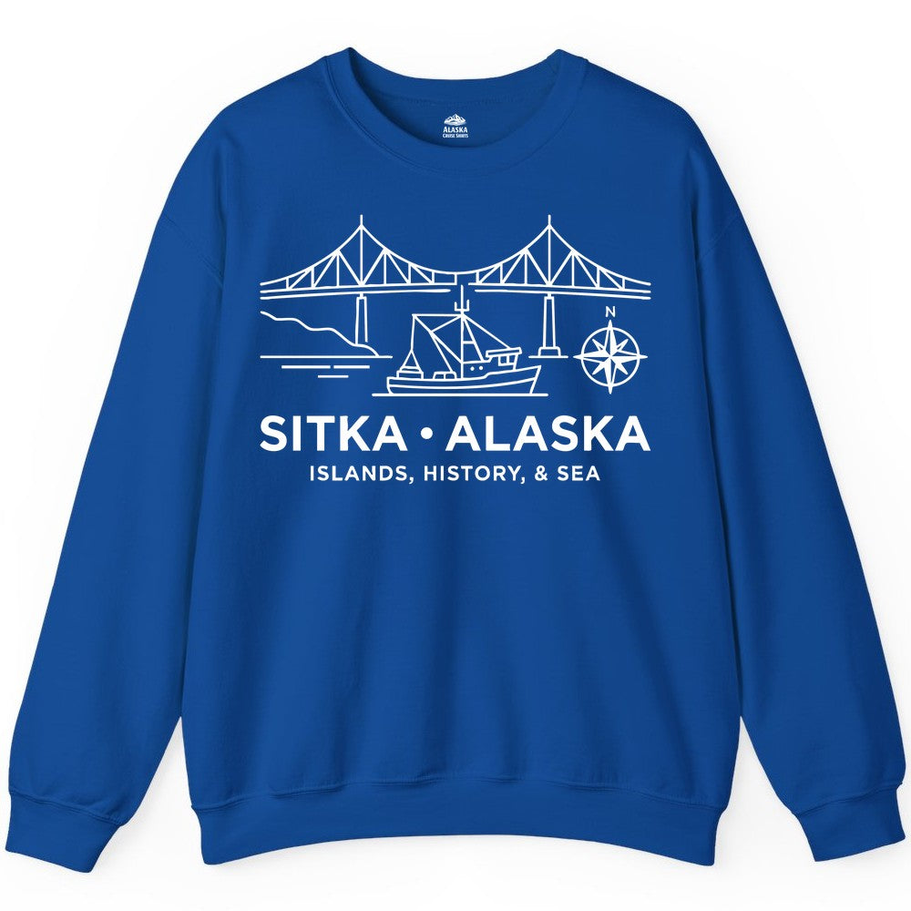 Sitka Alaska Shirt - Nautical Bridge, Boat, Compass Souvenir Tee (Sweatshirt) in Royal - Sitka Alaska Nautical Line Art Shirt - Bridge Boat Compass Design