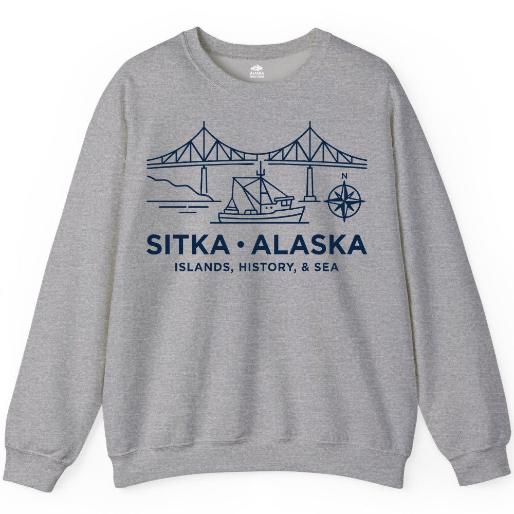 Sitka Alaska Shirt - Nautical Bridge, Boat, Compass Souvenir Tee (Sweatshirt) in Sport Grey - Sitka Alaska Nautical Line Art Shirt - Bridge Boat Compass Design