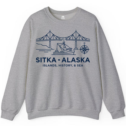Sitka Alaska Shirt - Nautical Bridge, Boat, Compass Souvenir Tee (Sweatshirt) in Sport Grey - Sitka Alaska Nautical Line Art Shirt - Bridge Boat Compass Design