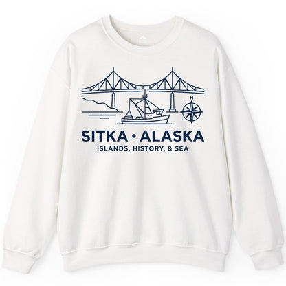 Sitka Alaska Shirt - Nautical Bridge, Boat, Compass Souvenir Tee (Sweatshirt) in White - Sitka Alaska Nautical Line Art Shirt - Bridge Boat Compass Design