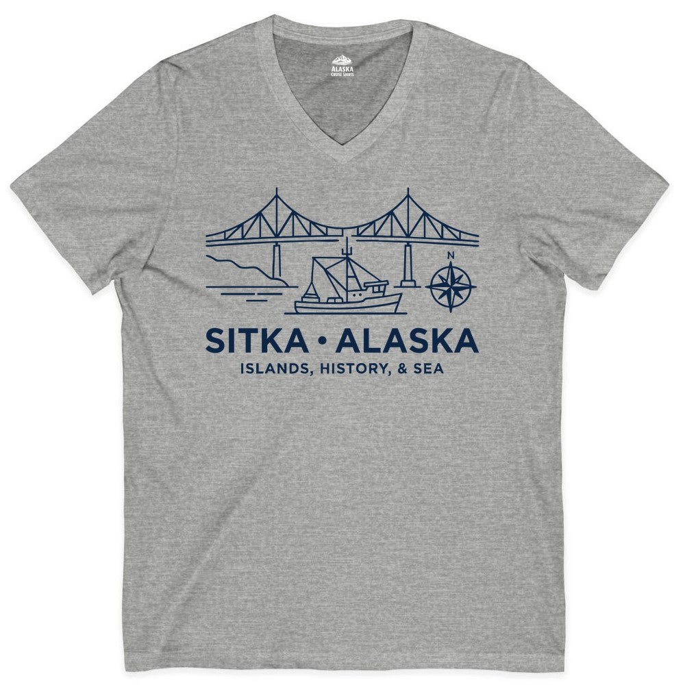 Sitka Alaska Shirt - Nautical Bridge, Boat, Compass Souvenir Tee (V-Neck) in Athletic Heather - Sitka Alaska Nautical Line Art Shirt - Bridge Boat Compass Design