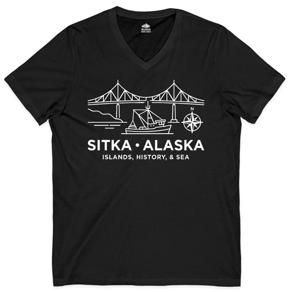 Sitka Alaska Shirt - Nautical Bridge, Boat, Compass Souvenir Tee (V-Neck) in Black - Sitka Alaska Nautical Line Art Shirt - Bridge Boat Compass Design