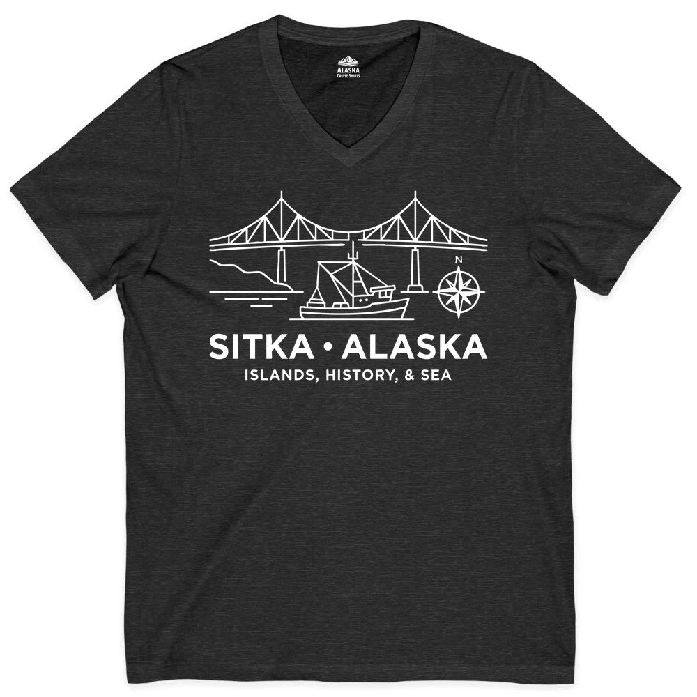 Sitka Alaska Shirt - Nautical Bridge, Boat, Compass Souvenir Tee (V-Neck) in Dark Grey Heather - Sitka Alaska Nautical Line Art Shirt - Bridge Boat Compass Design