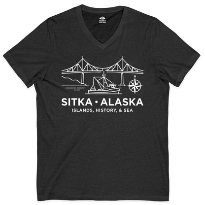 Sitka Alaska Shirt - Nautical Bridge, Boat, Compass Souvenir Tee (V-Neck) in Dark Grey Heather - Sitka Alaska Nautical Line Art Shirt - Bridge Boat Compass Design