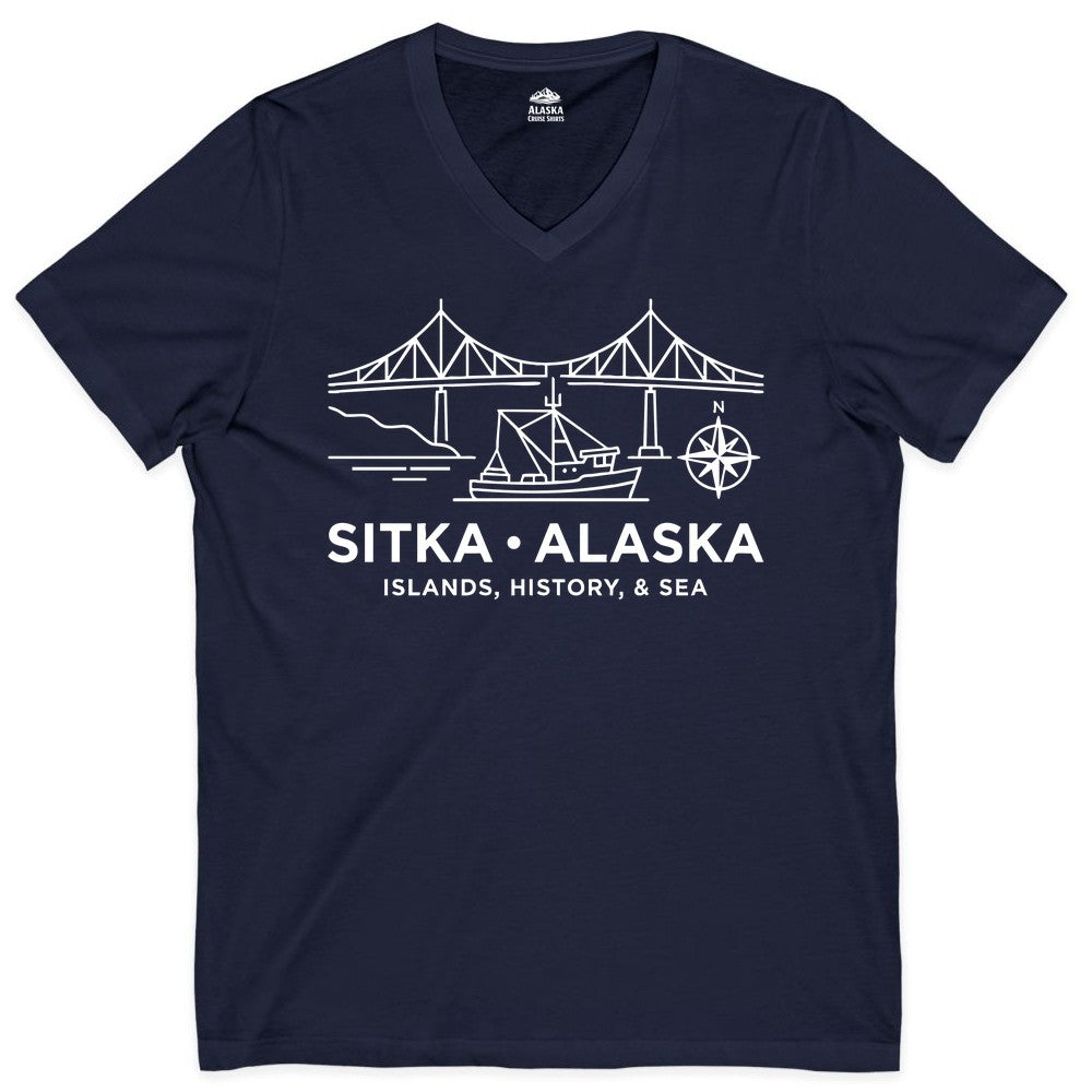 Sitka Alaska Shirt - Nautical Bridge, Boat, Compass Souvenir Tee (V-Neck) in Navy - Sitka Alaska Nautical Line Art Shirt - Bridge Boat Compass Design