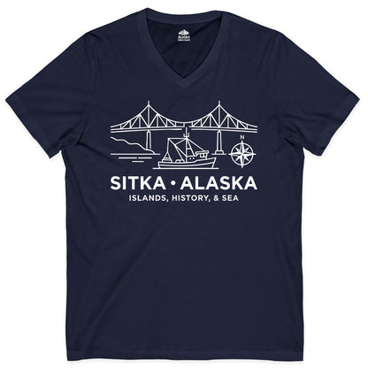 Sitka Alaska Shirt - Nautical Bridge, Boat, Compass Souvenir Tee (V-Neck) in Navy - Sitka Alaska Nautical Line Art Shirt - Bridge Boat Compass Design