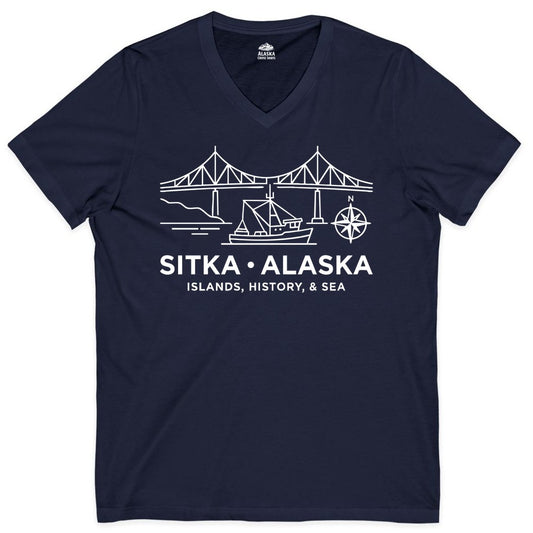 Sitka Alaska Shirt - Nautical Bridge, Boat, Compass Souvenir Tee (V-Neck) in Navy - Sitka Alaska Nautical Line Art Shirt - Bridge Boat Compass Design