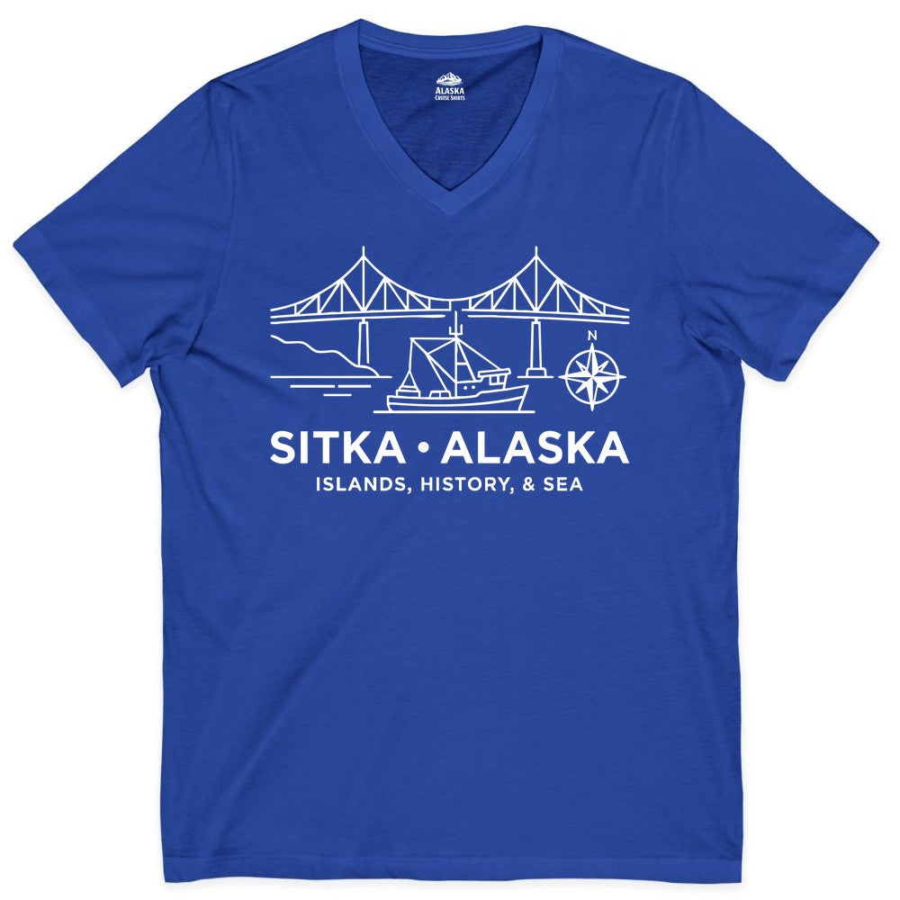 Sitka Alaska Shirt - Nautical Bridge, Boat, Compass Souvenir Tee (V-Neck) in True Royal - Sitka Alaska Nautical Line Art Shirt - Bridge Boat Compass Design