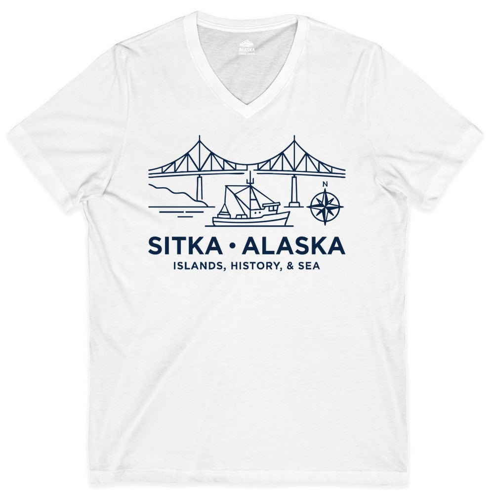 Sitka Alaska Shirt - Nautical Bridge, Boat, Compass Souvenir Tee (V-Neck) in White - Sitka Alaska Nautical Line Art Shirt - Bridge Boat Compass Design