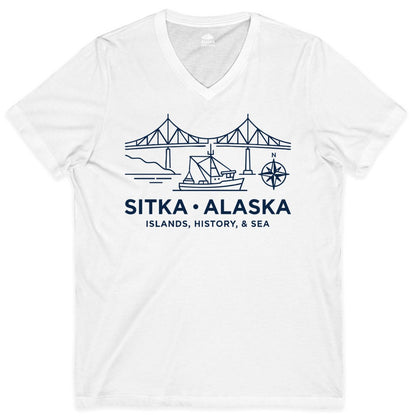 Sitka Alaska Shirt - Nautical Bridge, Boat, Compass Souvenir Tee (V-Neck) in White - Sitka Alaska Nautical Line Art Shirt - Bridge Boat Compass Design