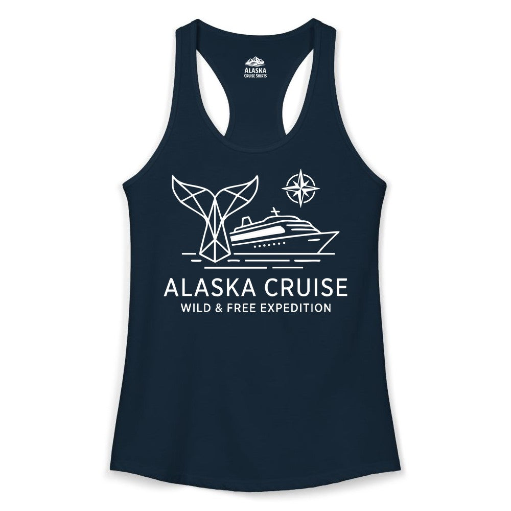 Alaska cruise shirt - Whale Tail Geometric Design Adventure Apparel (Ladies Tank) in Solid Midnight Navy - Alaska Cruise Shirt - Geometric Whale Tail Compass Line Art Design