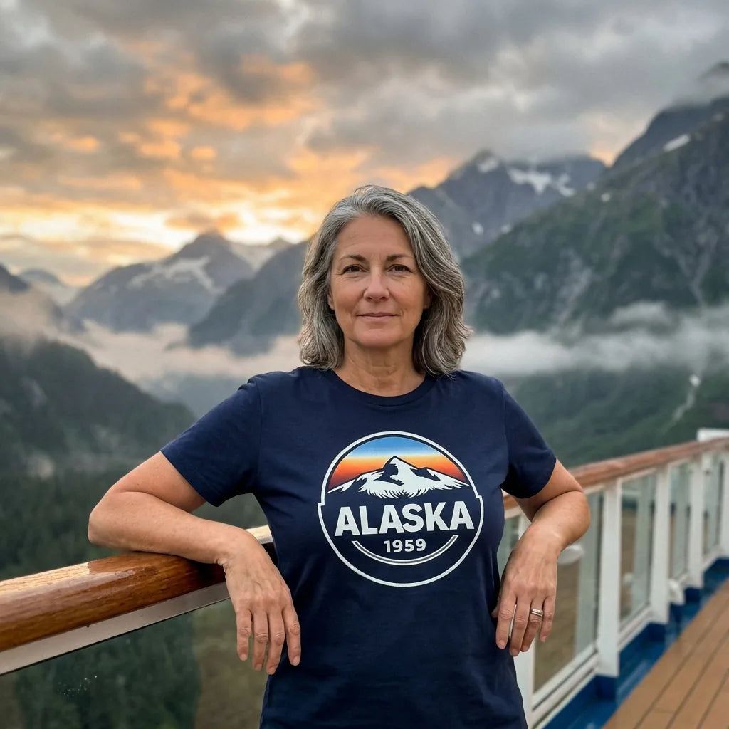 Lifestyle View — Alaska 1959 Retro Mountain Sunset Badge Shirt Vintage Statehood Tee — T-Shirt