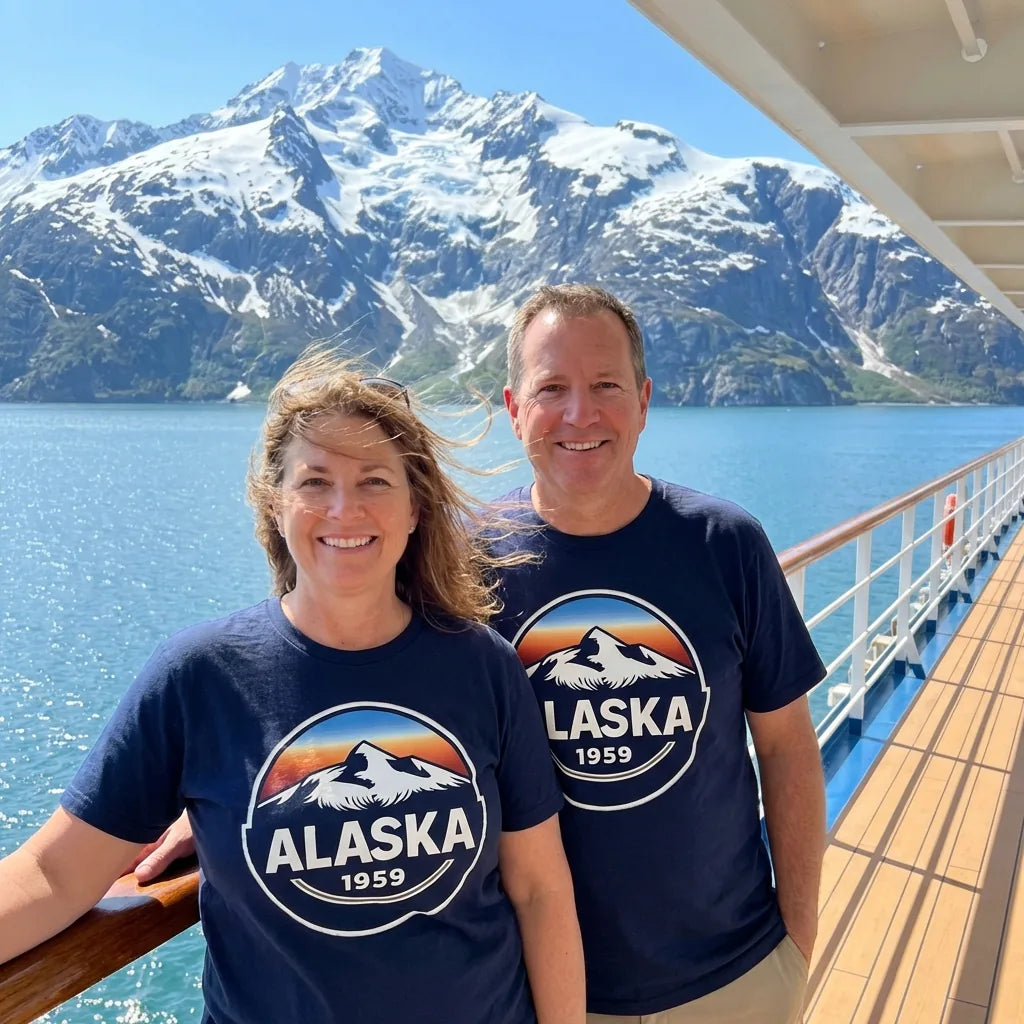Lifestyle View — Alaska 1959 Retro Mountain Sunset Badge Shirt Vintage Statehood Tee — T-Shirt