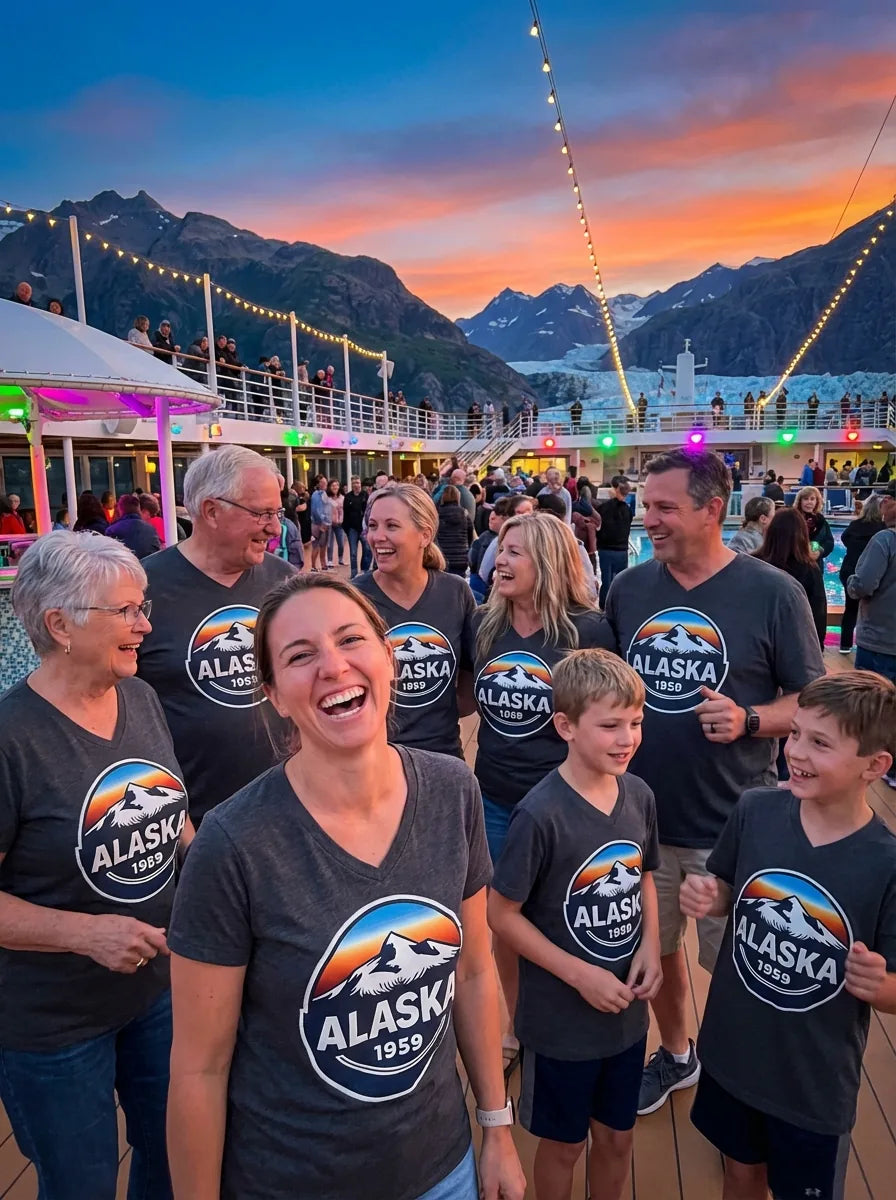 Lifestyle View — Alaska 1959 Retro Mountain Sunset Badge Shirt Vintage Statehood Tee — V-Neck