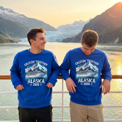 Lifestyle View — Alaska Cruise 2026 Shirt - Vintage Mountains and Cruise Ship Adventure — Sweatshirt