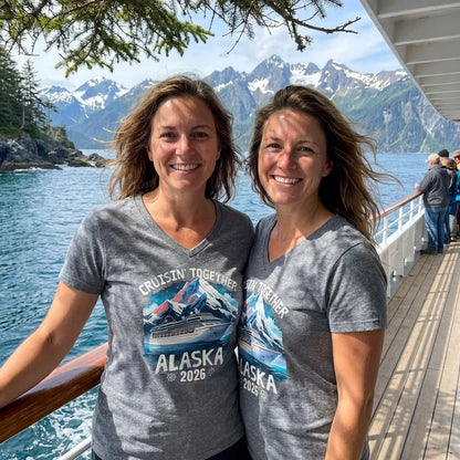 Lifestyle View — Alaska Cruise 2026 Shirt - Vintage Mountains and Cruise Ship Adventure — V-Neck