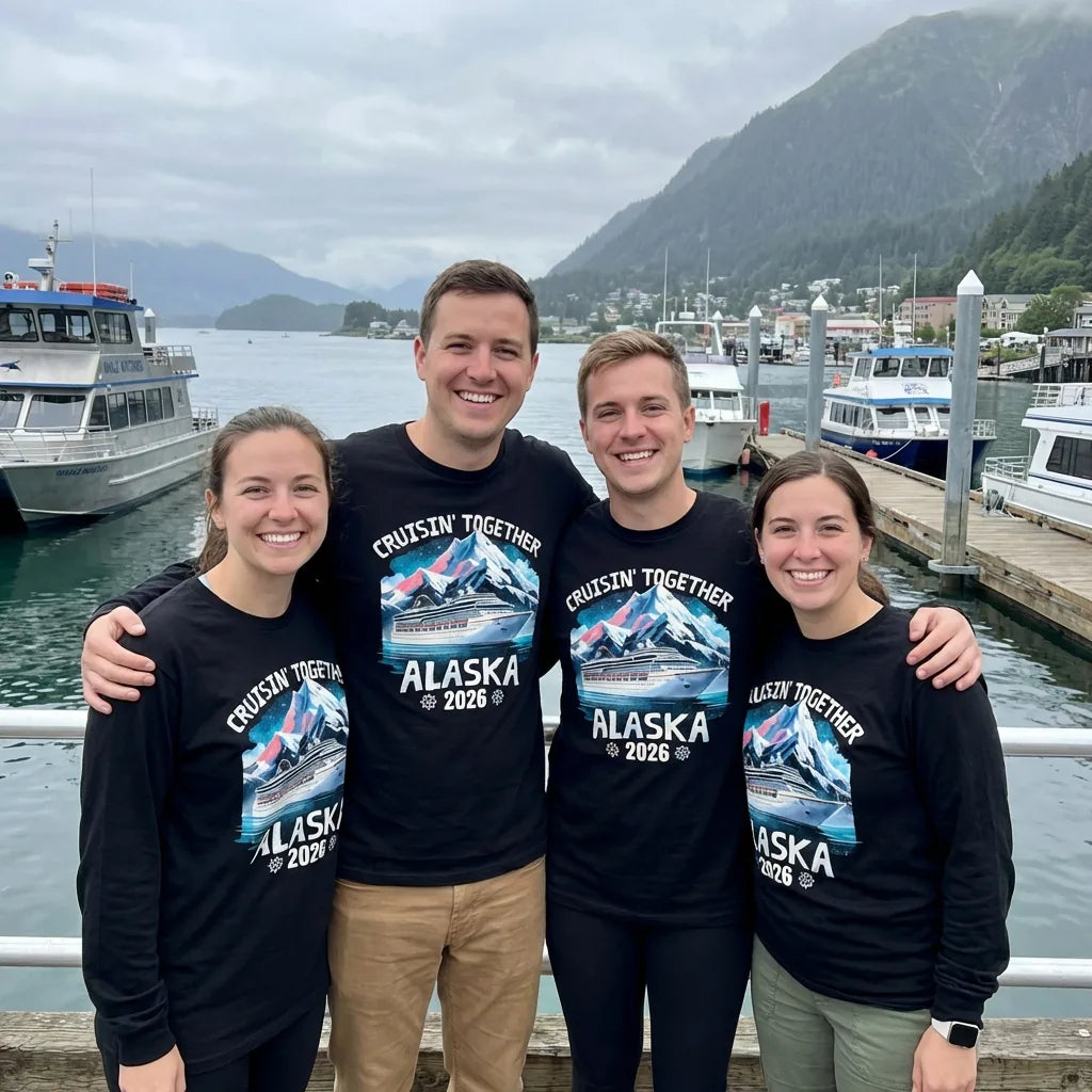 Lifestyle View — Alaska Cruise 2026 Shirt - Vintage Mountains and Cruise Ship Adventure — Long Sleeve