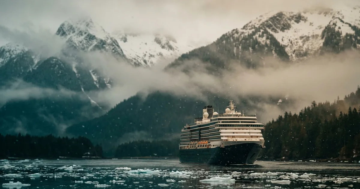 A large cruise ship navigating the icy waters of Glacier Bay during the 2026 Alaska cruise season.