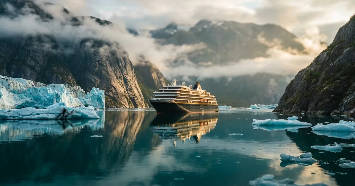 A luxury cruise ship navigating the icy waters of Glacier Bay during the Alaska cruise 2026 season.