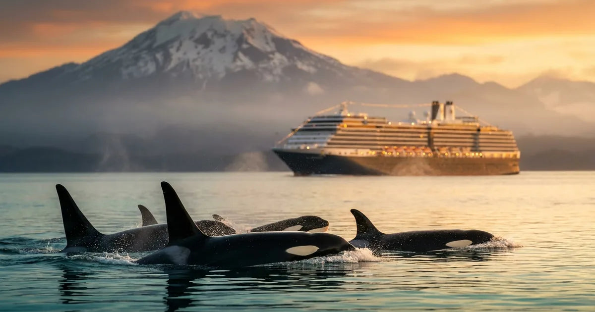 A large cruise ship sailing through the icy waters of Glacier Bay National Park in Alaska.