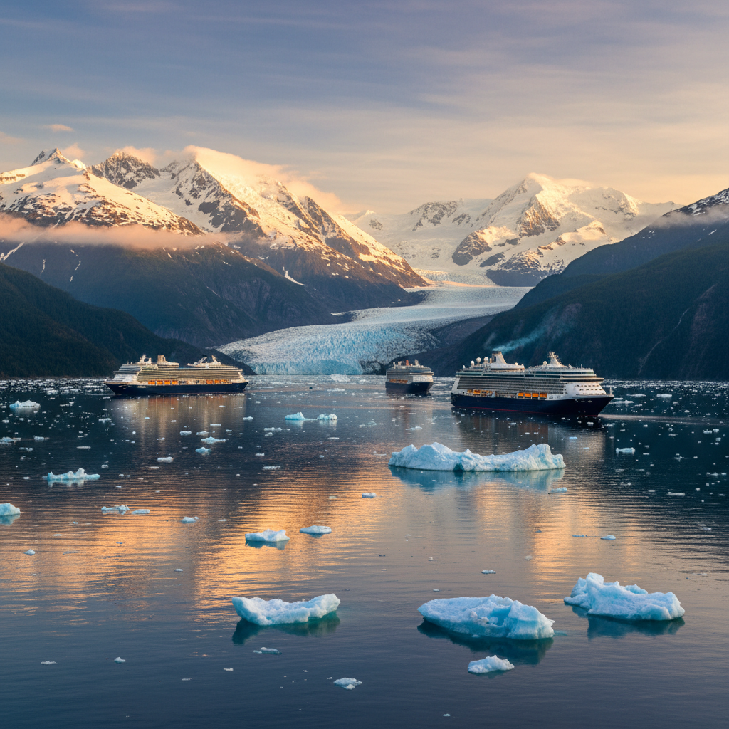 Alaska cruise ships sailing near glaciers and mountains 2026