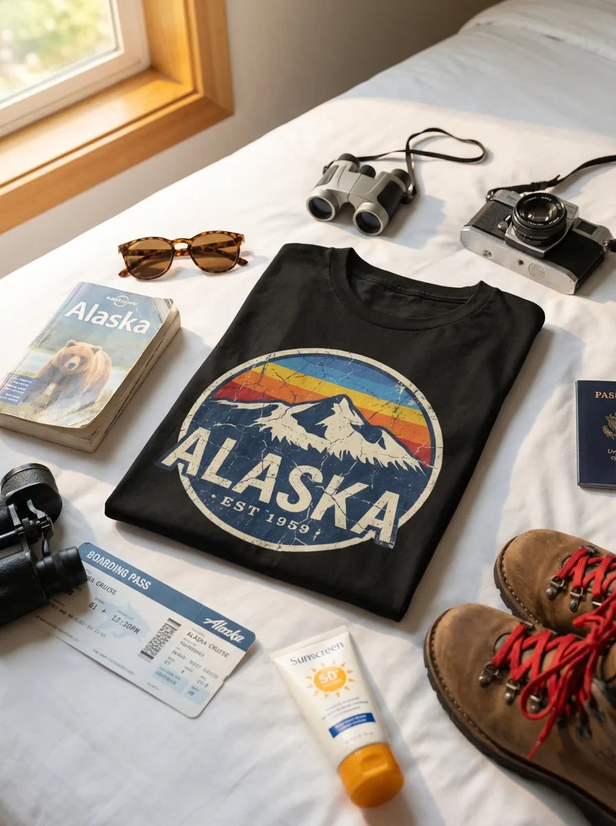 Lifestyle View — Alaska Vintage Shirt - Retro Mountain Sunset Graphic Est 1959 Tee — T-Shirt