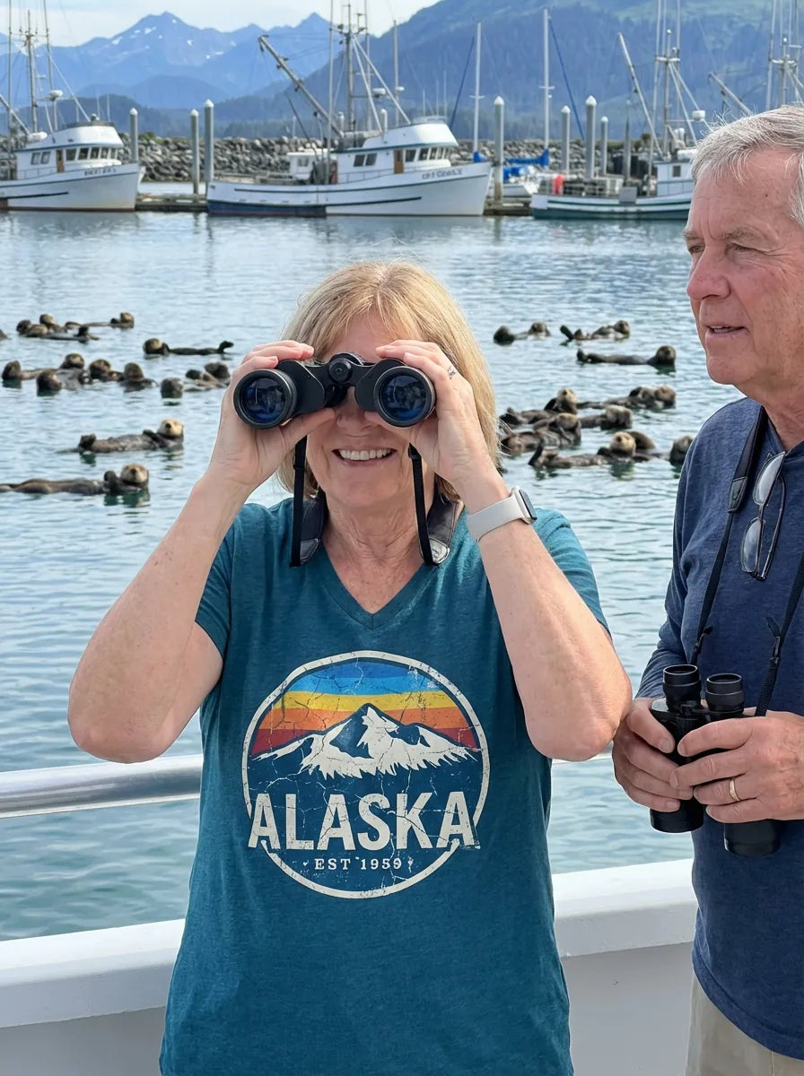 Lifestyle View — Alaska Vintage Shirt - Retro Mountain Sunset Graphic Est 1959 Tee — V-Neck