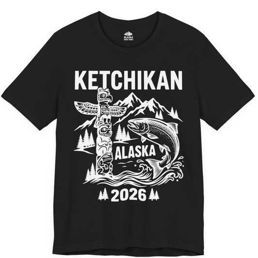 Ketchikan Alaska 2026 Totem Pole and Salmon Souvenir Shirt – Black – Alaska Cruise Shirts