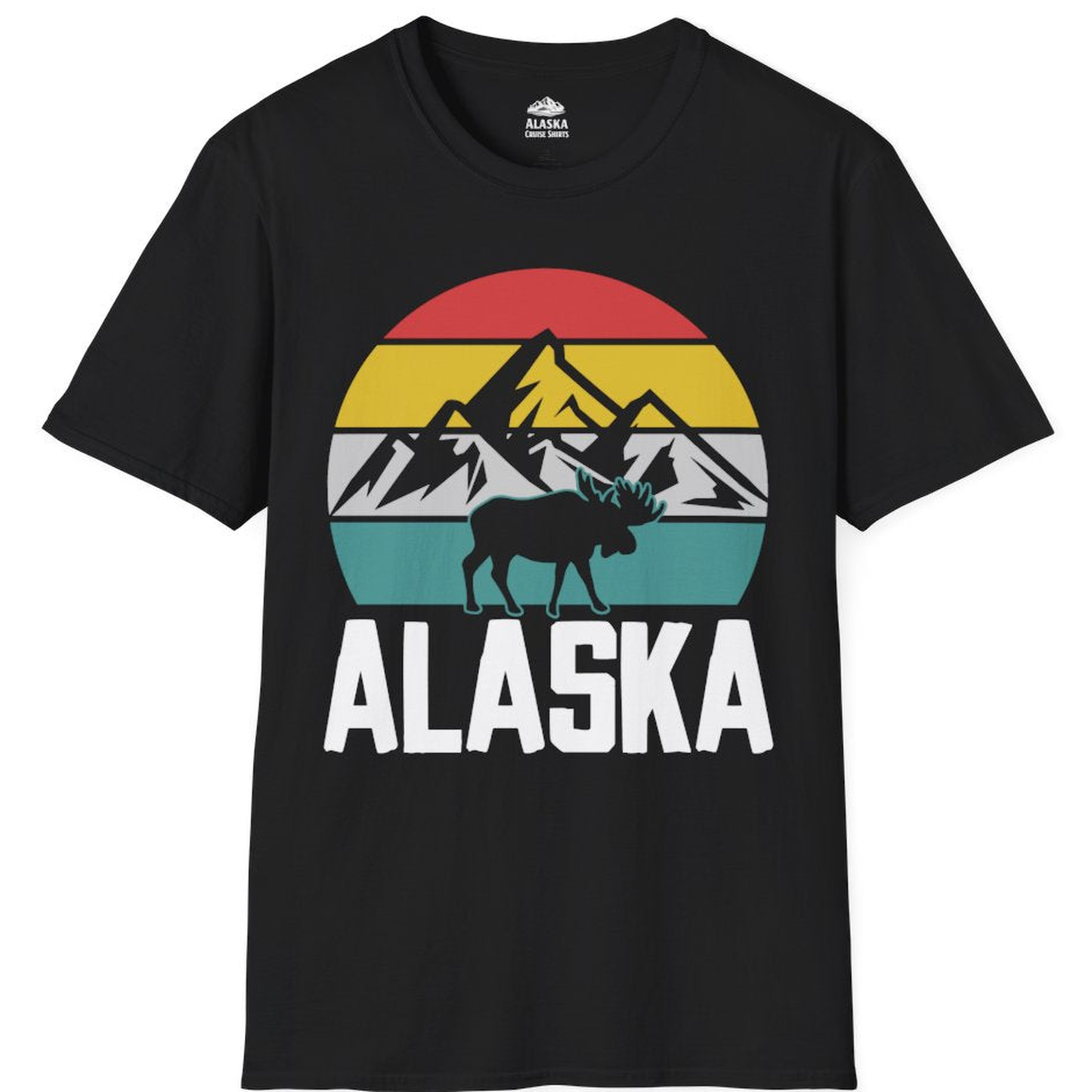 Retro Alaska Moose Silhouette Shirt - Denali Mountain Outdoor Tee – Black – Alaska Cruise Shirts
