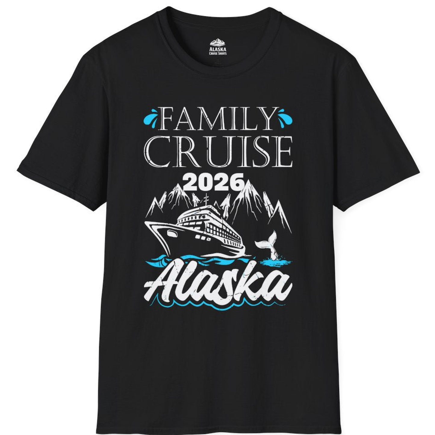 Alaska Family Cruise Shirt - 2026 Mountain Whale Ship Waves Graphic Tee – Black – Alaska Cruise Shirts
