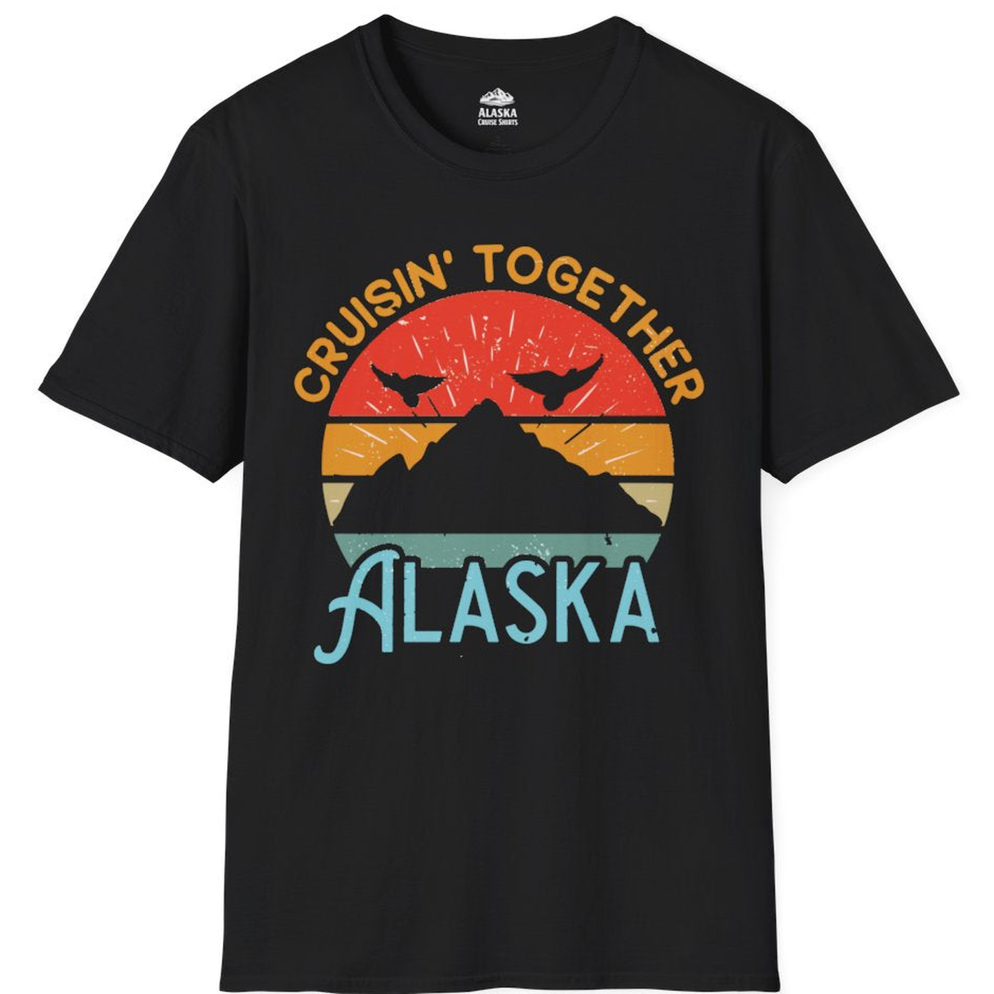 Retro Alaska Cruise Shirt - Mountains Birds Distressed Sunset Tee – Black – Alaska Cruise Shirts