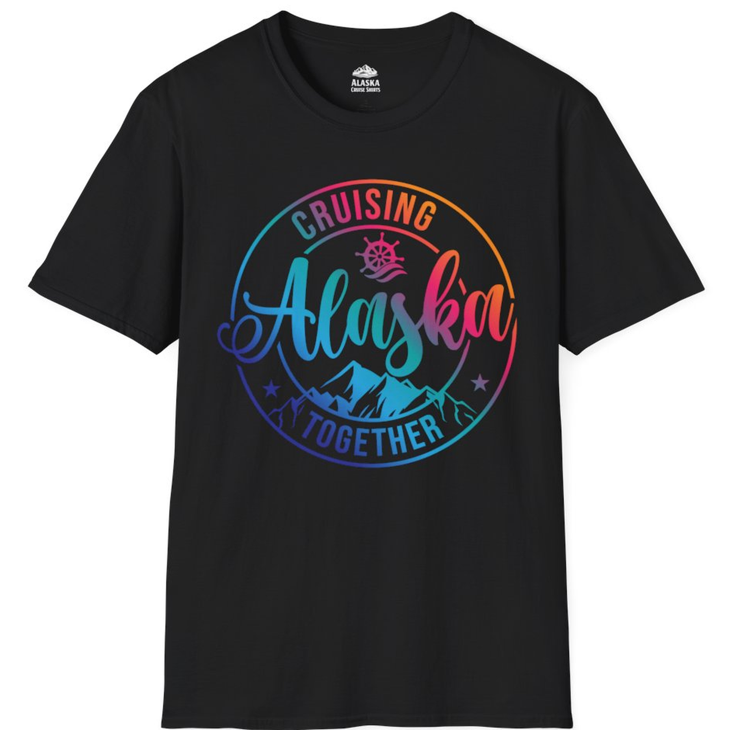 Cruising Alaska Together Shirt - Colorful Mountain and Ship Wheel Design – Black – Alaska Cruise Shirts