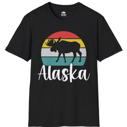 Retro Alaska Moose Silhouette Shirt - Sunset Wildlife Travel Tee – Black – Alaska Cruise Shirts