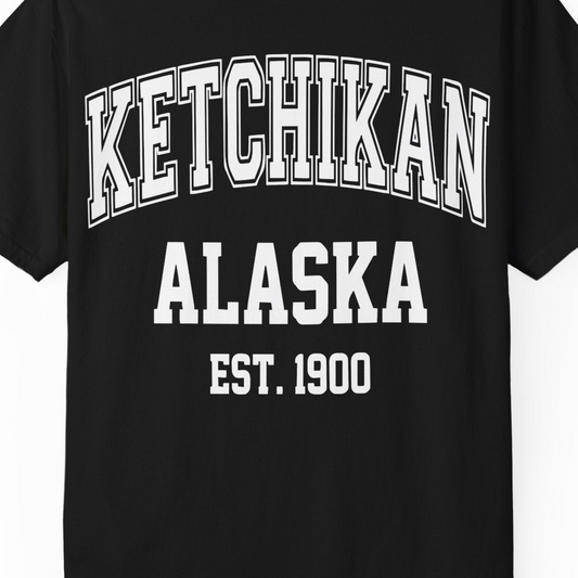 Ketchikan Alaska Collegiate Style Est 1900 Vintage Tee Shirt — Comfort Comfort Colors T-Shirt – Alaska Cruise Shirts Close Up