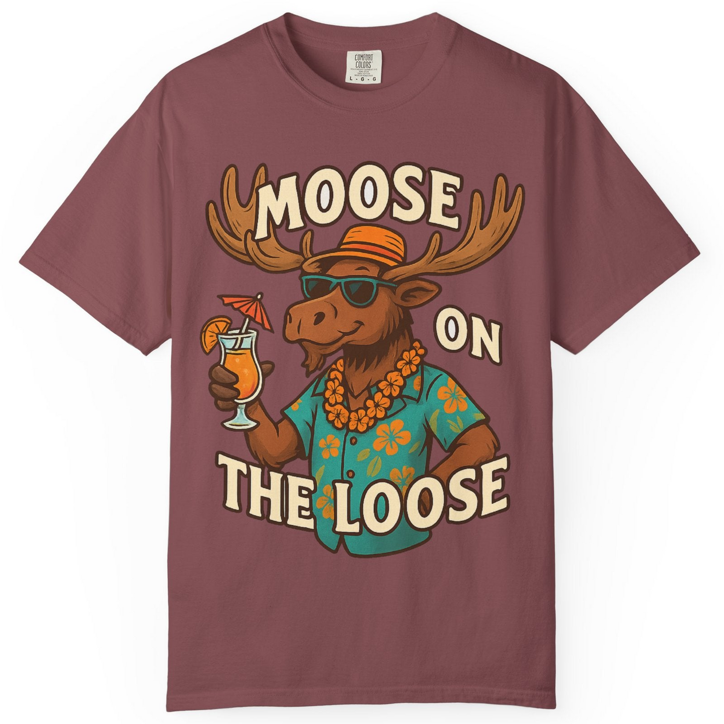 Moose On The Loose Funny Tropical Cartoon Vacation Shirt — Comfort Comfort Colors T-Shirt – Brick – Alaska Cruise Shirts