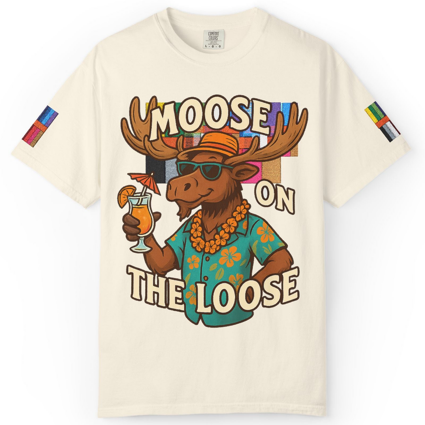 Moose On The Loose Funny Tropical Cartoon Vacation Shirt — Comfort Comfort Colors T-Shirt – Ivory – Alaska Cruise Shirts